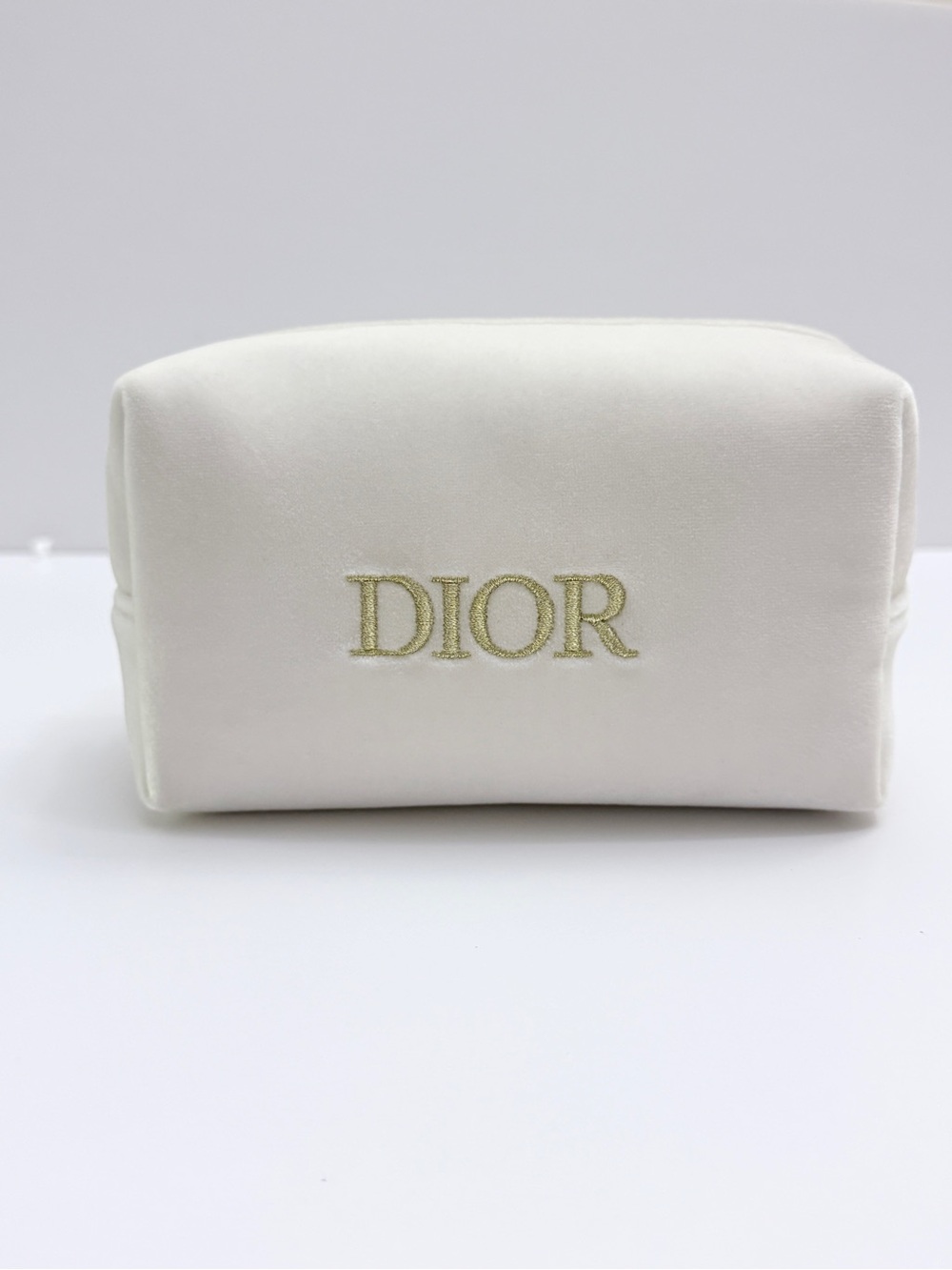 Dior Cosmetic Pouch Gold Embroidered Velvet Cream White OS
